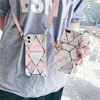 

case for xiaomi redmi 7 note 8 7 pro cover fashion plating marble grid shoulder strap glossy soft tpu phone bag capa fundas