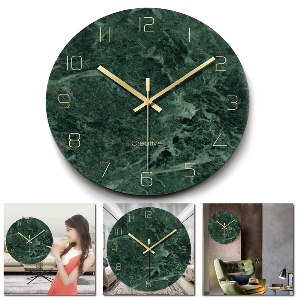 

12inch Imitation Quartz Silent European Bar Fashion Hanging Office Wall Clock Tempered Glass Round Home Decor Marble Emerald