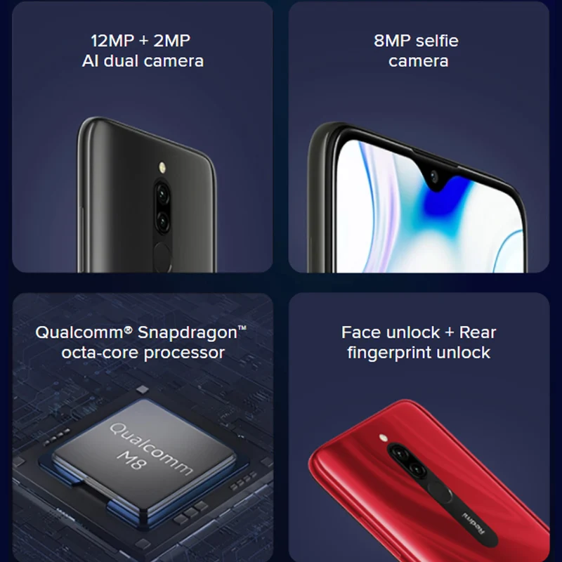 Глобальная версия Xiaomi Redmi 8 4 Гб 64 Гб Смартфон Snapdragon 439 Восьмиядерный 12 МП Двойная камера 5000 мА батарея мобильного телефона