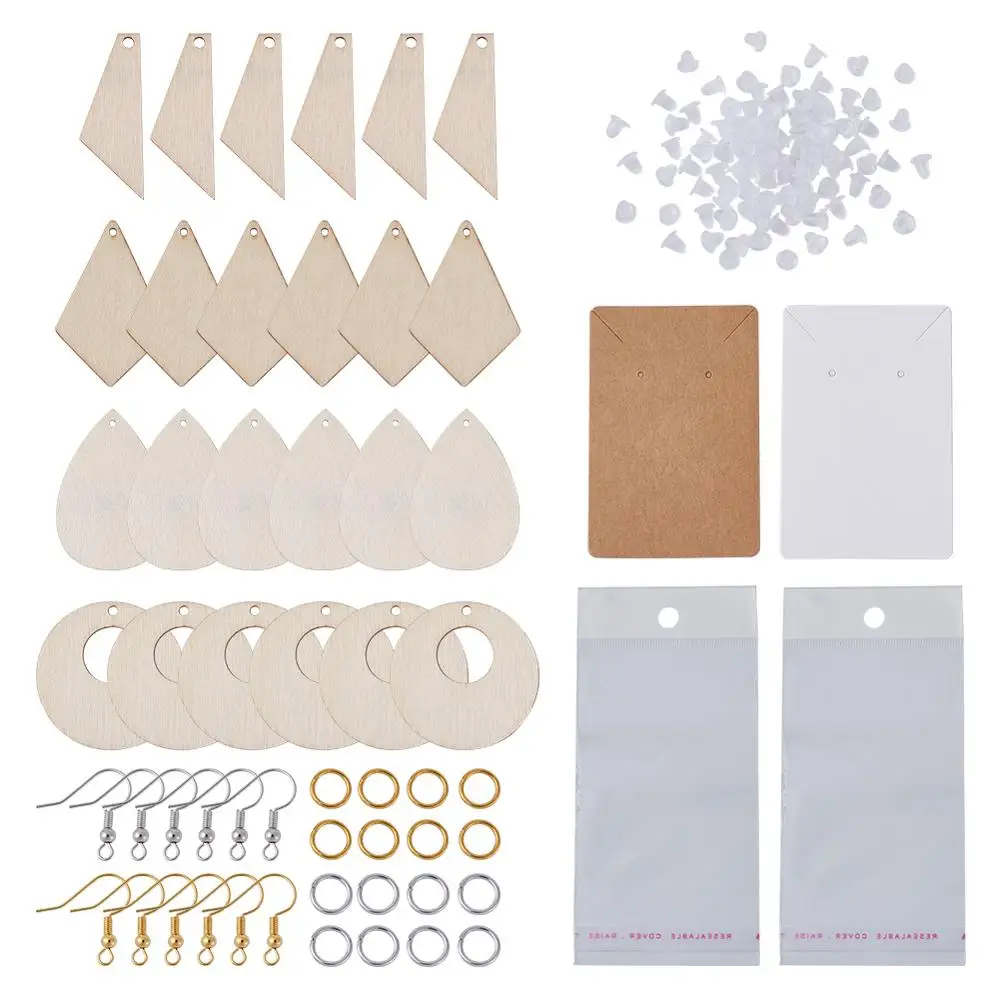 DIY 귀걸이 만들기 빈 자연 포플러 나무 펜 던 트 황동 점프 반지 &amp; 귀걸이 후크 OPP 셀로판 가방 80pcs