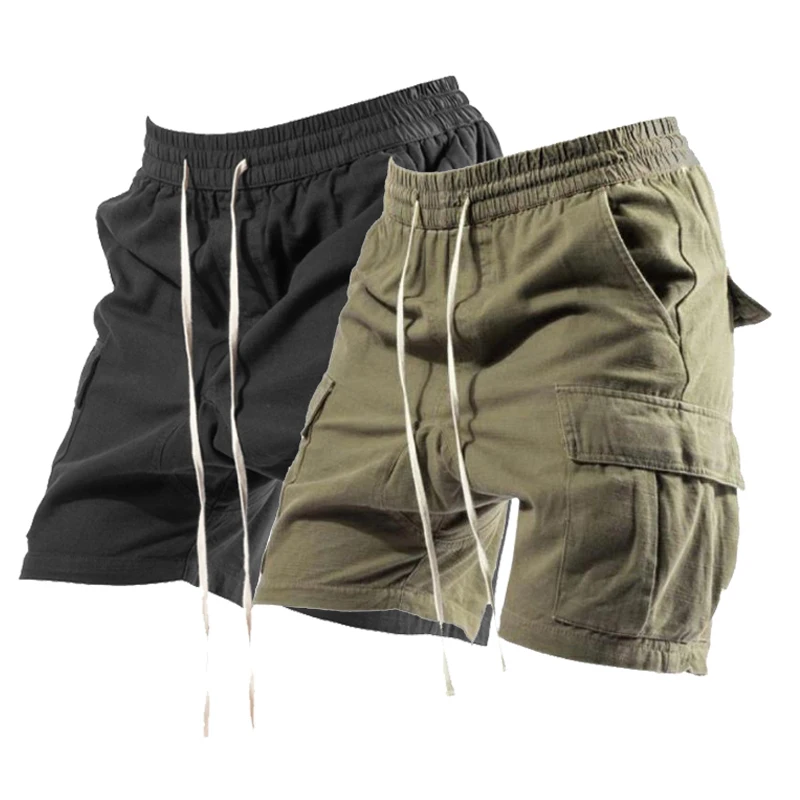 

Summer Cotton Men Cargo Shorts Multi-Pocket Drawstring Men's Casual Shorts Short Homme Solid Gym Workout Tactical Sweatpants