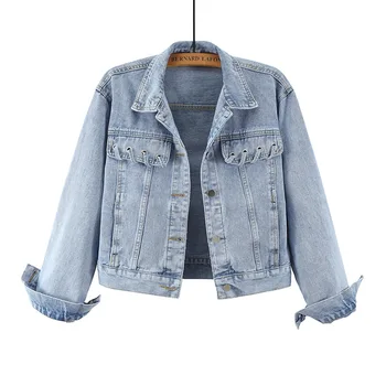 

Light Blue Vintage Hole Jean Overcoat Bomber Jackets Women Denim Jacket 2020 Spring Autumn Single Breasted Coat Chaqueta Mujer