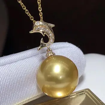 

Fine Jewelry 18K Yellow Gold Natural Ocean Golden Pearl 12-13mm Pendant Necklaces for Women FIne Pearls Pendants