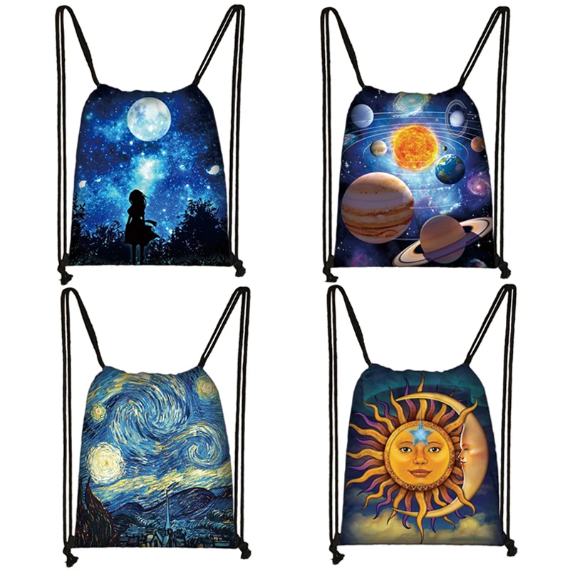 Bolsa de viaje con cordón para mujer, mochila de lona con estampado de galaxia/noche estrellada, a la moda, para adolescentes y niñas