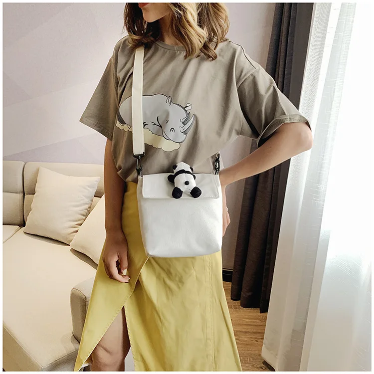 New Style INS Simple Literature And Art College Style Cross-body GIRL'S MORI Series Canvas Bag Fashion Red Panda Accessorie