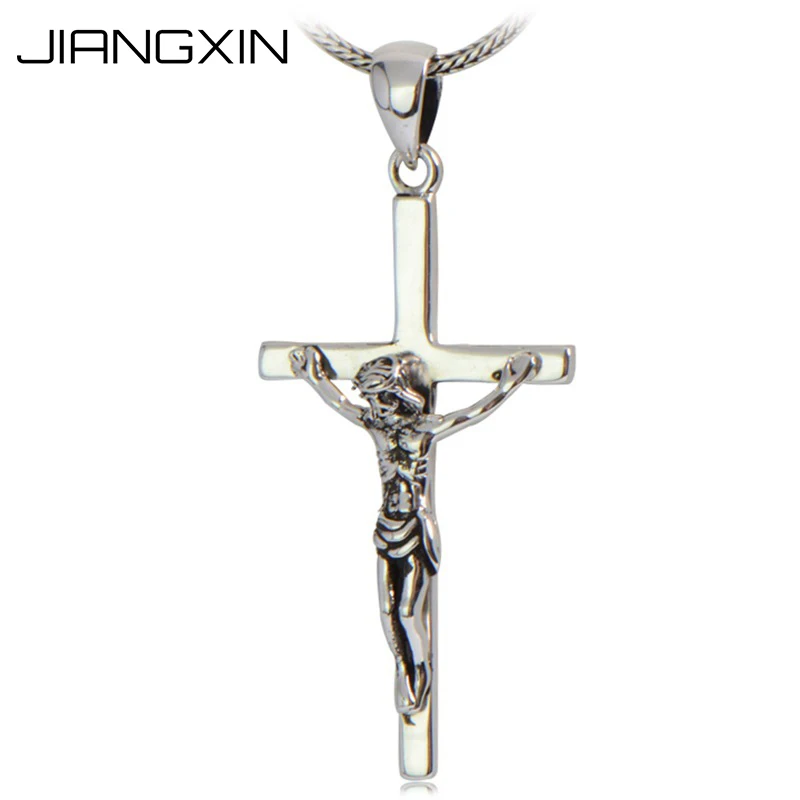 

925 Sterling Silver Jesus Christ Big Cross Pendant 5*2.5cm 7.92g Retro Vintage Silver Rock Jewelry Free Adjustable Rope