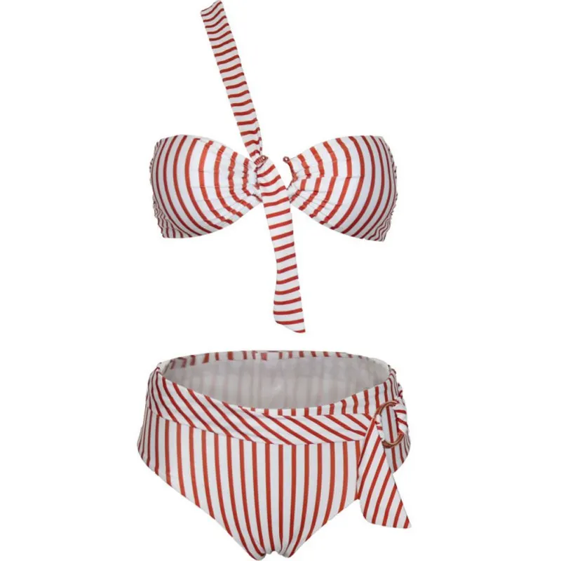 

Striped Bikini Triangle Sexy Gathering High Cold Fan Elasticity Swimsuit Female Split Polyester Bikini Swimsuit