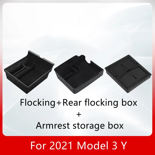 TEFUN For Tesla Model 3 Y 2021 2022 Storage Box Car Central Armrest Flocking/ABS Storage Box Organizer Model 3 2021 Accessories Flocking Set 3pcs