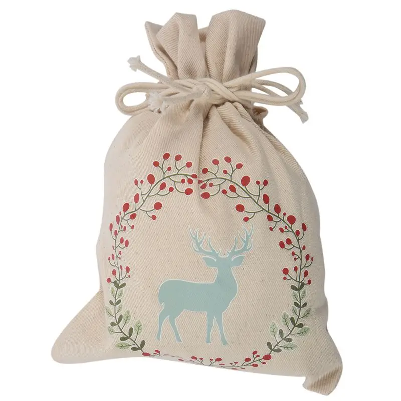 

1 meter creamy-white Canvas creative Christmas Christmas deer pattern storage bag / drawstring bag pocket / gift candy bag size
