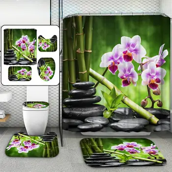 

3D Green Bamboo Stone Flower Waterproof Fabric Bathroom Curtain Shower Curtains Set Anti-skid Rugs Toilet Lid Cover Bath Mat Set