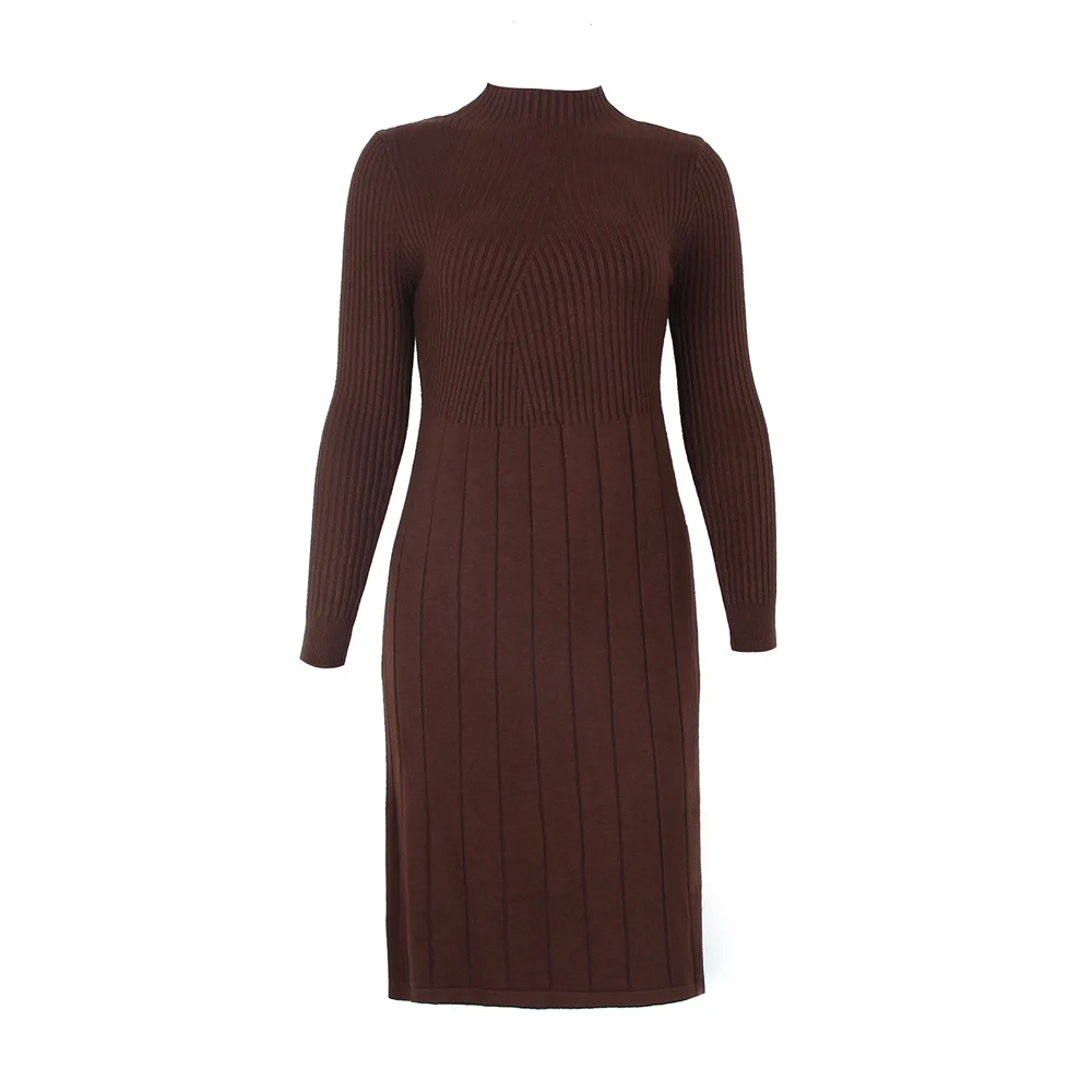 Осенне-зимнее приталенное теплое трикотажное платье, однотонное платье средней длины с высоким воротником, платья-свитера, вязаное платье - Цвет: Brown