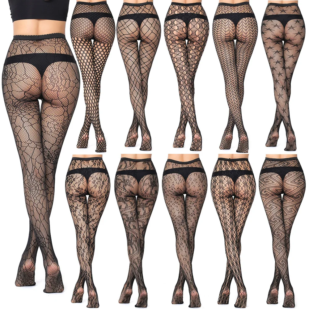 

Women Out Tights Sexy Lady Stockings Mesh Tattoos Jacquard High Fishnet Embroidery Transparent Black Lace Pantyhose