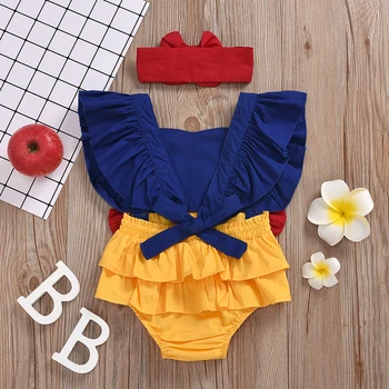 

0-24M Fashion Cute Infant Baby Girls Rompers 2020 Summer Ruffles Short Sleeve Bowknot Overalls Jumpsuits Headband 2pcs Outfits
