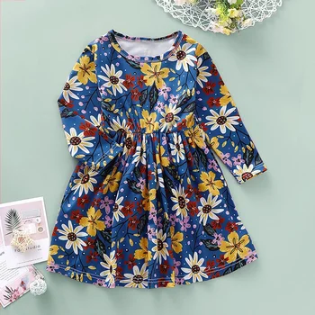 

New Dress for Girl Kids Children Clothing Cotton Colorful Floral Casual Printed O-Neck Princess Long Sleeve Dress Girls Dresses