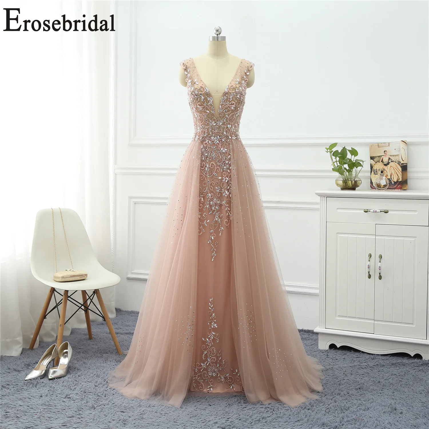 Женское вечернее платье без рукавов Erosebridal длинное блестящее с V-образным вырезом