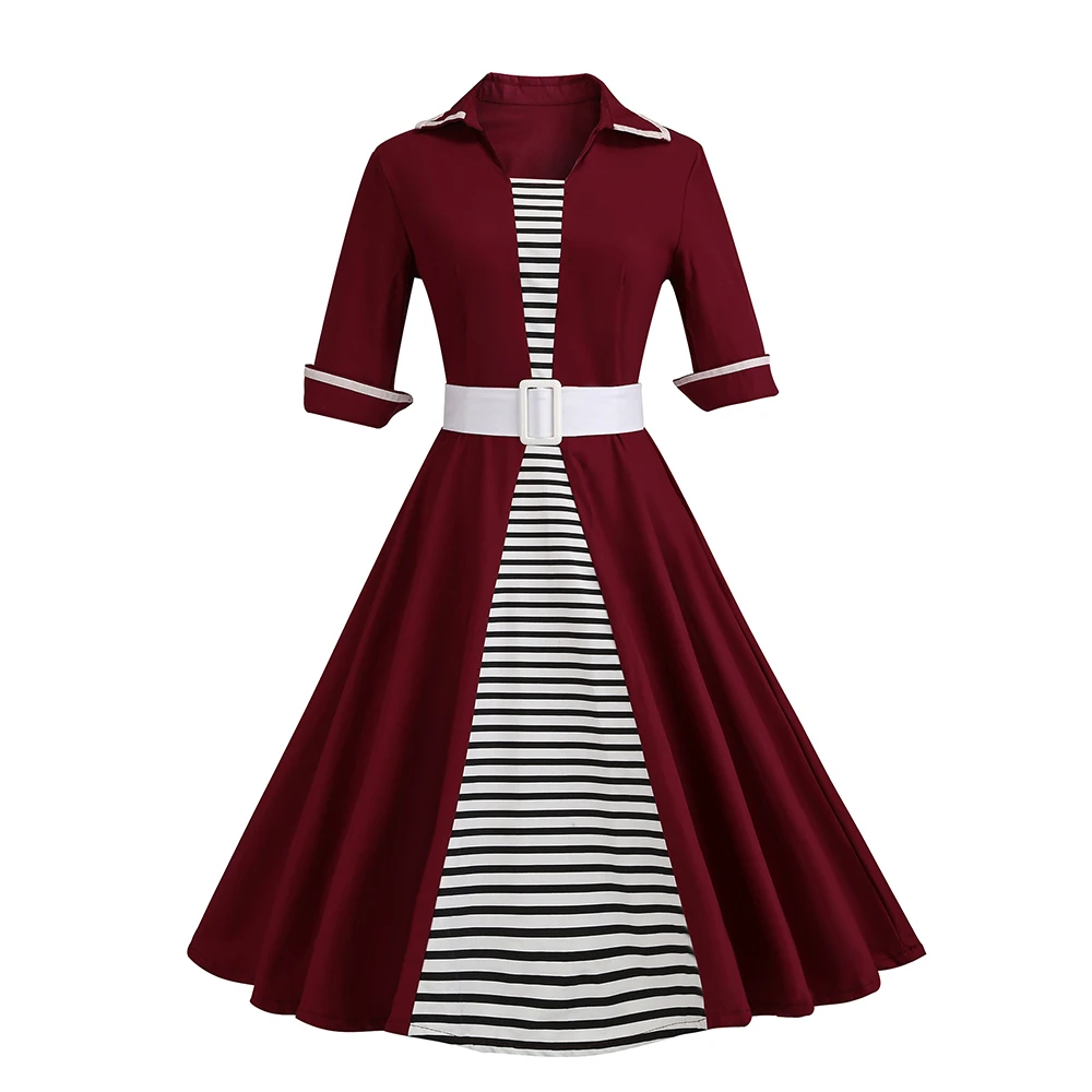Joineles, осенне-зимнее женское винтажное платье размера плюс, с отворотом, в полоску, в стиле пэчворк, с поясом, вечерние платья, 50 s, рокабилли, платье vestidos