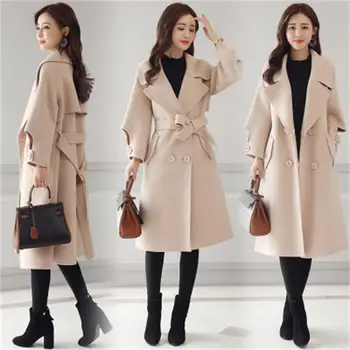 

Abrigo de doble botonadura para mujer, abrigo de lana verde militar con cuello doblado y manga larga, chaqueta cálida a prueba