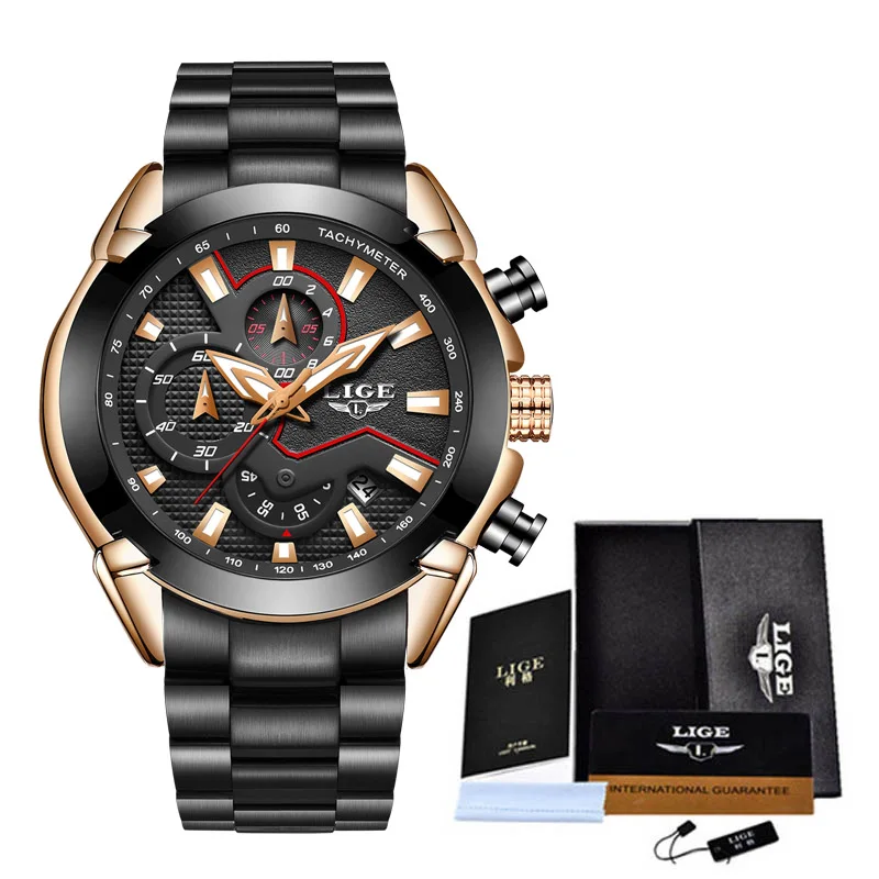 ROSE GOLD BLACK LIGE модные Для мужчин s часы с Нержавеющая сталь чехол, ремень Водонепроницаемый спортивные кварцевые часы с хронографом Для мужчин Relogio Masculino - Цвет: ROSE GOLD BLACK