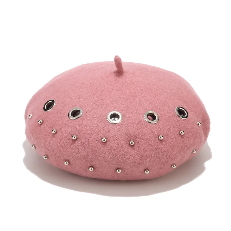 dark pink Зимний ретро женский шерстяной однотонный берет японский сладкий художественный живописец шапка из металла в стиле панк выдалбливают заклепки дикая шерстяная шапка - Цвет: dark pink