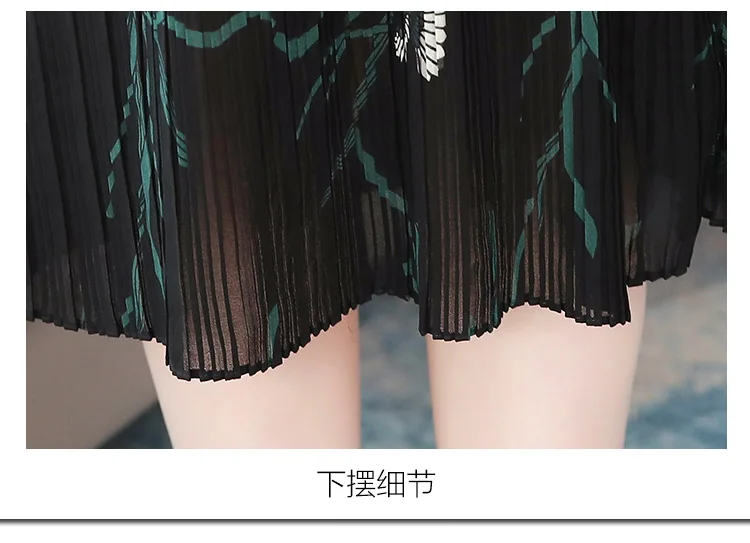 Femal Vintage Black Chiffon Midi Pleated Dresses Autumn Winter Print Long Sleeve Dress Elegant Women Bodycon Party Vestidos