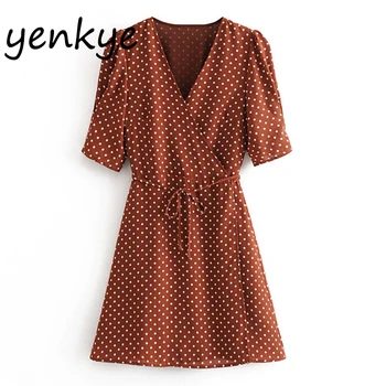 

Summer Dress Women Vintage Polka Dot Wrap Chiffon Dress Sweet Lady Cross V Neck Short Sleeve Mini A-line Dress OMZZ6892
