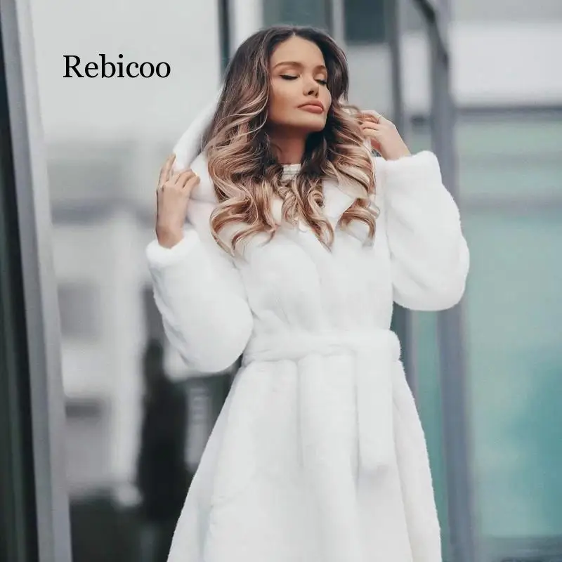 New Womens White Genuine Real Rex Rabbit Fur long Winter Hooded Coat For Female Fashion Luxury Natural Fur Jacket