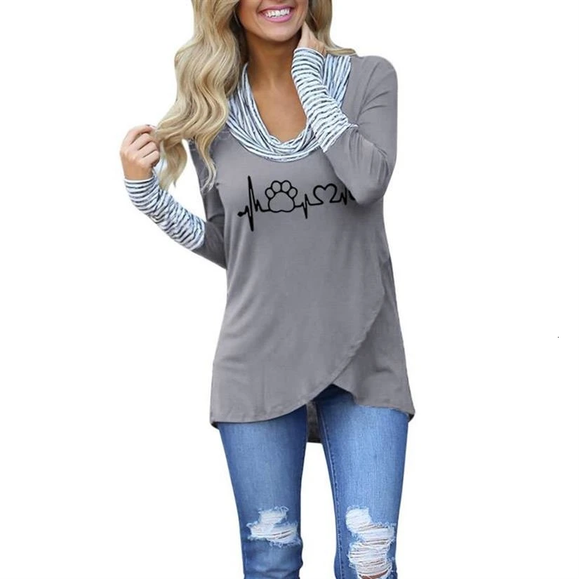 

2019 New Fashion Striped Turtleneck T-Shirt Dog Paw Letters Print T-Shirt For Women Plus Size Women Harajuku Tshirt Punk Funny