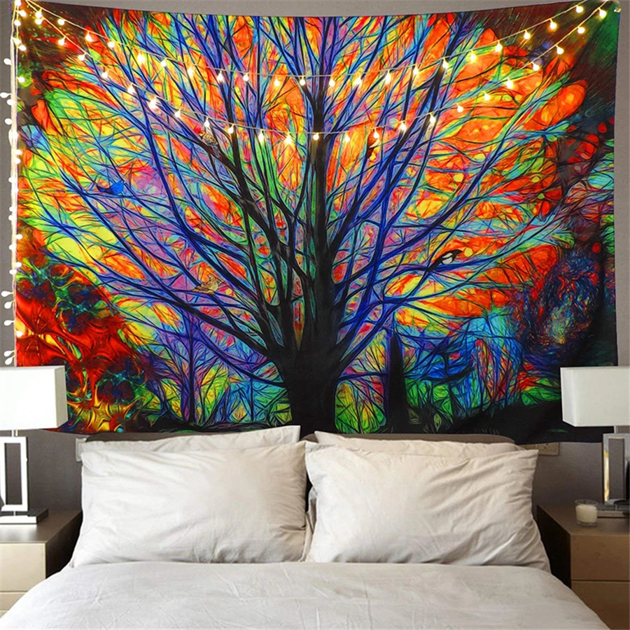 

Tree Tapestry Mandala Wall Hanging Elf Life Tree Christmas Psychedelic Tapestry Wall Fabric Boho Decor Headboard Art Wall Carpet