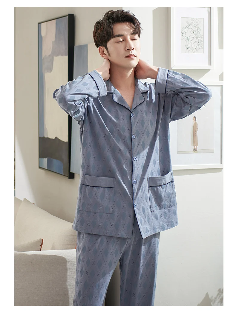 Mens Rhombus Plaid Pajamas For Men Nightwear Long Sleeve Sleep Tops Trousers Cotton Pyjamas Male Sleepwear Set Pijamas Hombre mens sleepwear set