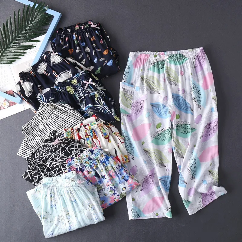 

2019 summer new ladies cotton silk rayon casual loose cropped pants half pants home casual pants
