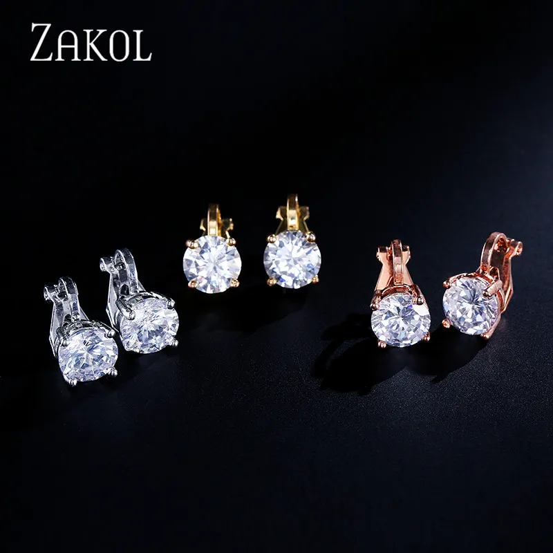 ZAKOL Top Quality Cubic Zirconia Round Clip Earrings for Women Fashion CZ Crystal Female Wedding Party Gift Jewelry FSEP526