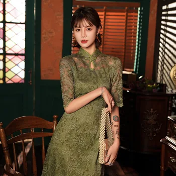 

Green Perspective Qipao Spring New Lace Sexy Vestidso Elegant Mandarin Collar Short Cheongsam Half Sleeve Evening Party Dress