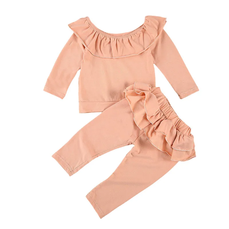 

2Pcs Baby Autumn Fall Spring Ruffle Lapel Long Sleeves Top Elastic-Waist Pants Little Girls Clothes Newborn Set