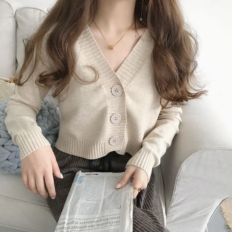 

2019 women's sweater V-neck high waist short sweater versatile solid color Slim long-sleeved cardigan coat