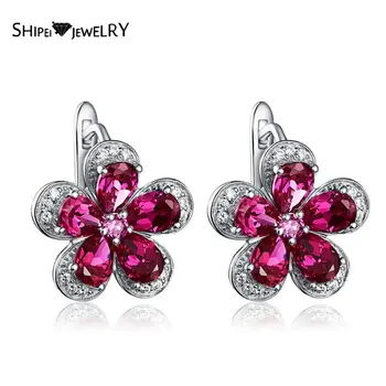 

Shipei 925 Sterling Silver Pear Cut Ruby Gemstone Wedding Fine Jewelry Engagement Vintage Flower Shape Earrings For Women