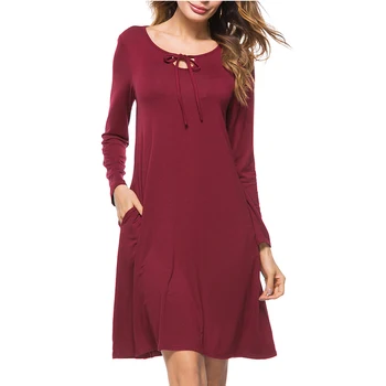 

New Women Brief Lace Up Long Sleeve Daily Straight Dress Casual Shift Office Loose Lady Dress ET021