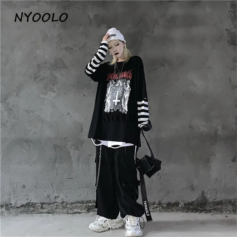 NYOOLO Harajuku стиль Винтаж крест полосатый Поддельные 2 шт. Лоскутные Топы осень уличная свободная футболка с длинными рукавами для женщин и мужчин