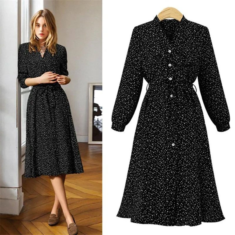 Vestidos офисное винтажное осеннее платье в горошек, женское платье с v-образным вырезом и длинными рукавами, повседневный стиль ретро, праздничное платье миди