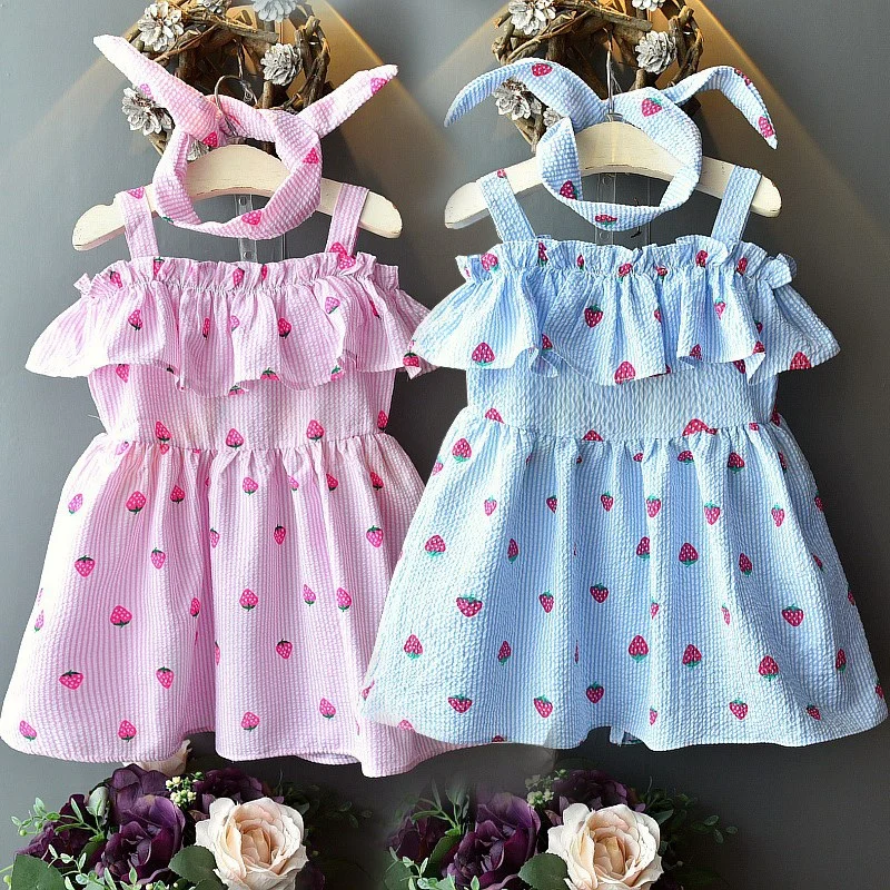 

Cute Baby Girls Dress Summer Off-shoulder Strawberry Striped Sleeveless Dress Headband Set Kids Toddler Sundress #25A