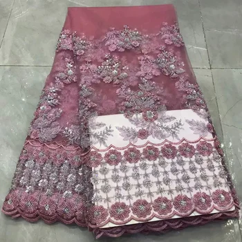 

French net lace fabric in blue dresses fabric high quality small flowers with tubes and sequins double-colors Tulle Lace Fabric