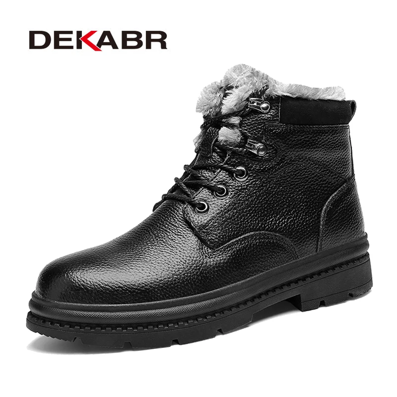 Baratos DEKABR de alta calidad botas de hombre cómodas de cuero genuino corto de felpa tobillo botas de nieve estilo caliente cena zapatos calientes tamaño 38 ~ 48