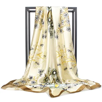 

Fashion Kerchief Silk Satin Hair Scarf For Women Floral Printed Hijab Scarfs Female 90*90cm Square Shawl Neck Scarves For Ladies