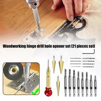 

21pcs Hole Opening Drill Bits Set Automatic Center Punch Hinge Tapper Adjustable Door Window High Speed Steel For Woodworking