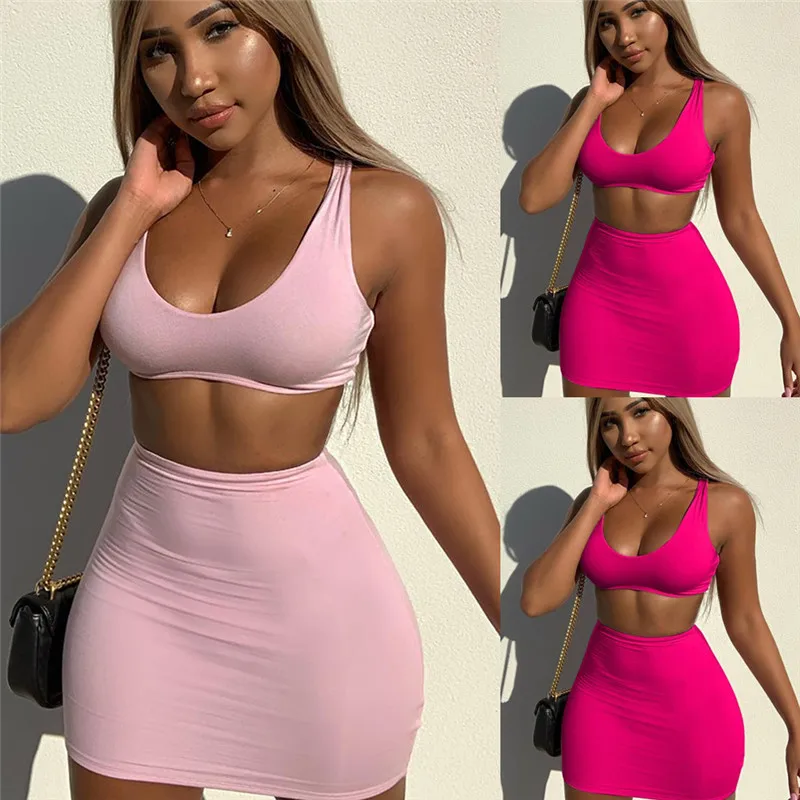 

Two-piece Hot Summer Solid Women Clubwear Clothes Outfits Fashion Sleeveless Crop Top + Pencil Short Skirts Sexy Femme Slim Suit
