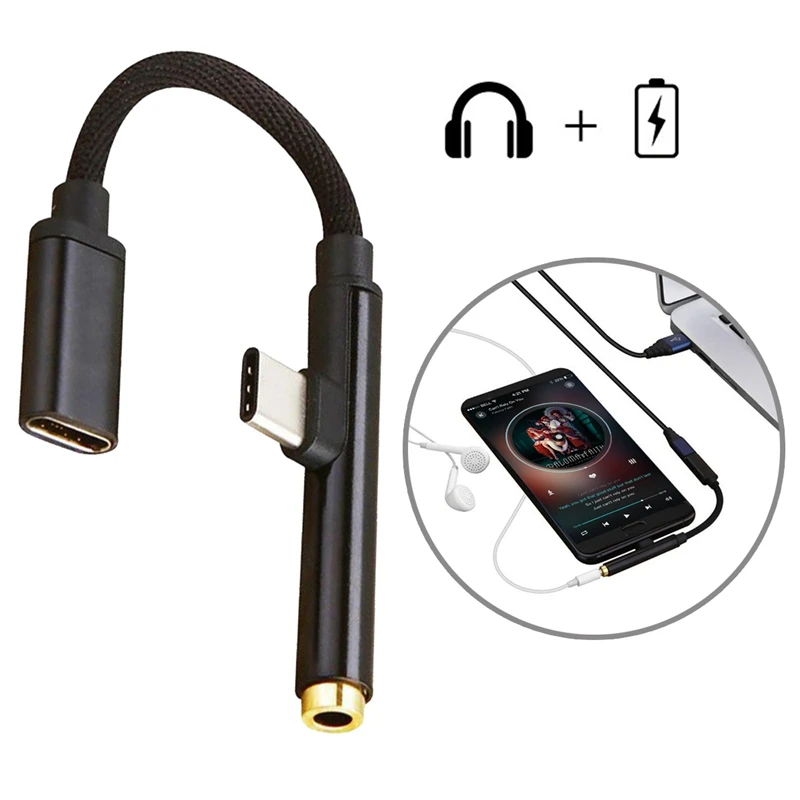 

2in1 Type-C To USB-C 3.5mm Jack Aux Earphone Cable Adapter black