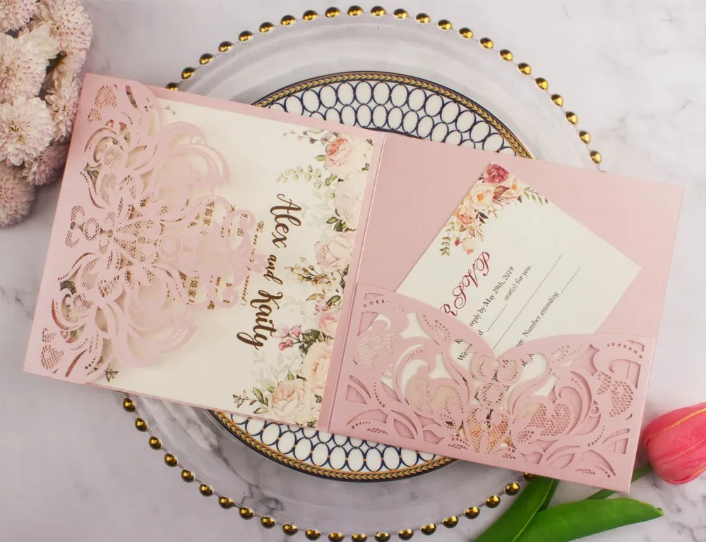 10pcs/lot pearl paper square pocketfold cards Laser Cut Wedding invitation Cards three folded Greeting cover for party supplies
