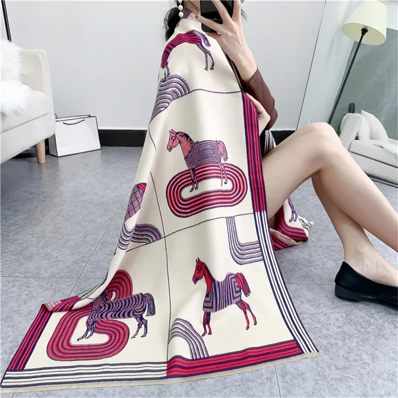 

Fashion Winter Scarf Women Cashmere Warm Pashmina Foulards Luxury Horse Print Scarves Wraps Thick Soft Bufanda Lady Shawls Hijab