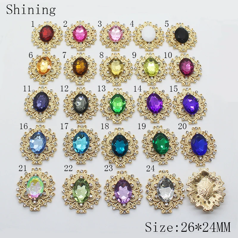10pcs / lot26* 24MM25 Color(Mixed Order) Decorative Metal Rhinestone Button Flat Gold-Plated Flower Center DIY Accessories