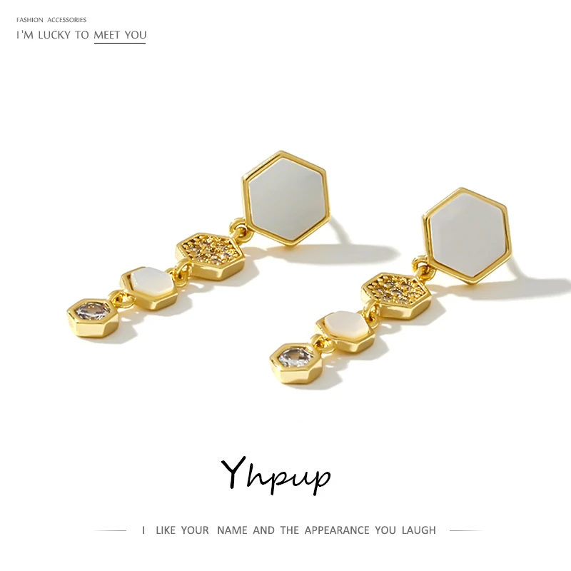 

Yhpup Trendy Luxury CZ Dangle Earrings Natural Shell Geometric Brincos Metal 18 K Jewelry for Female Party Accessories Gift New