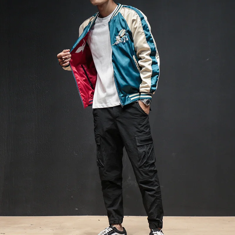 90% OFF Two Sides Luxury Embroidery Bomber Jacket Smooth Men Sukajan Yokosuka Souvenir Jacket Streetwear Hip Hop Baseball Jacket BY270